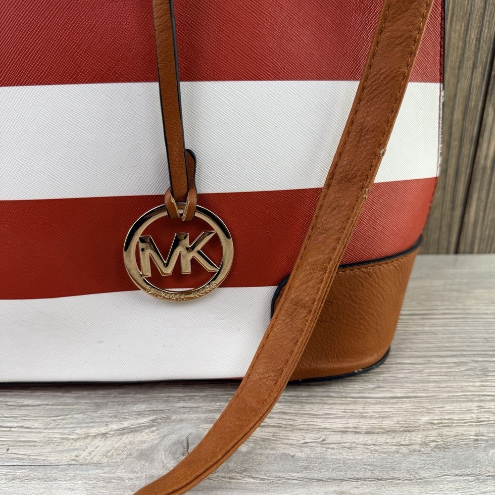 Michael Kors Red White Striped Satchel Crossbody Bag Gold Tone Charm Purse - Picture 3 of 16